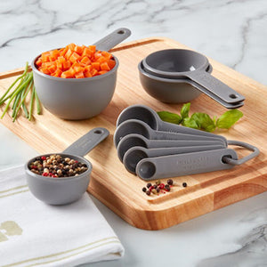 KitchenAid Universal Easy To Read Measuring Cup and Spoon Set with Soft Grip Handle for Maximum Control, Hang Hole and Nesting For Easy Storage, Dishwasher Safe, 9 Piece, Gray