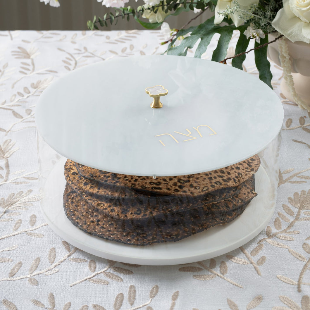 Round Acrylic White Matzah Box - Brass Floral Knob