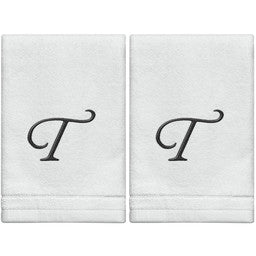 White Monogrammed Towel - Black Embroidered - Initial T