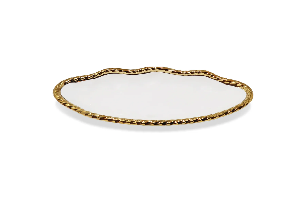 VB3934 White Oval Bowl with Gold Rope Scalloped