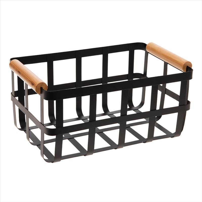 Metal Basket w Bamboo Handles - Black Large