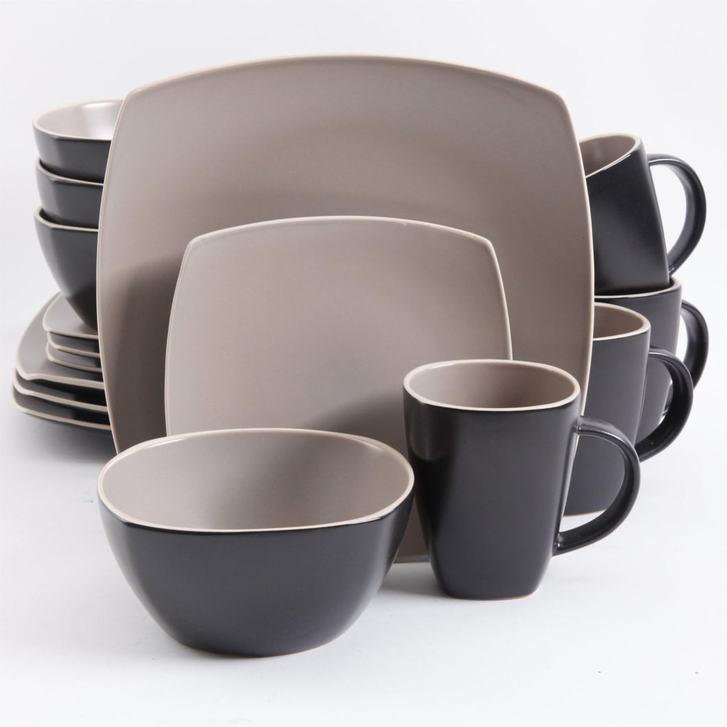 94854.16 Soho Lounge Matte 16 pc Dinnerware Set - Taupe/Black - Soft Square - Stoneware -