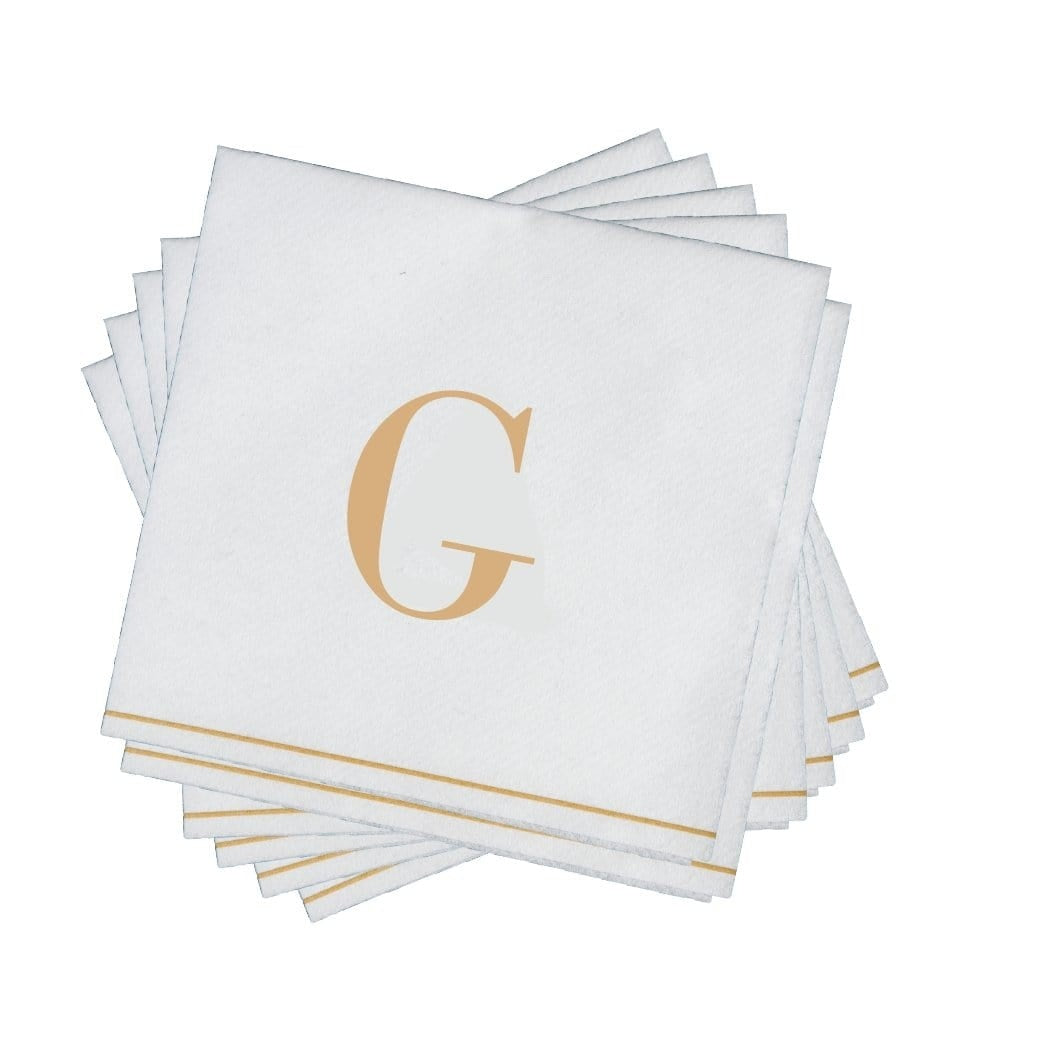 16 PK White and Gold Cocktail Paper Napkins  - Letter G