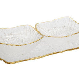 CR2520 Crushed Glass 2 Bowl Relish Dish with Gold Rim - 10.5