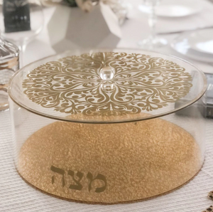 Acrylic Matzah Box Floral Design Round gold
