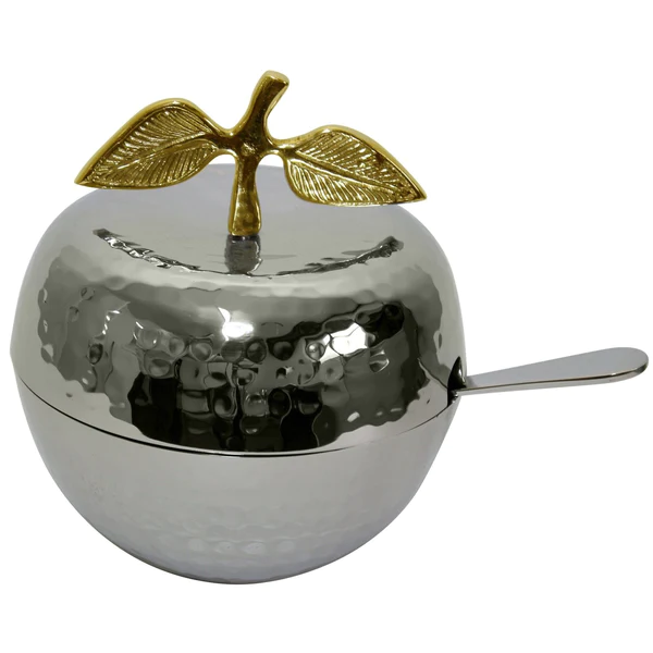 Silver Honey Dish Gold Leaf with Spoon