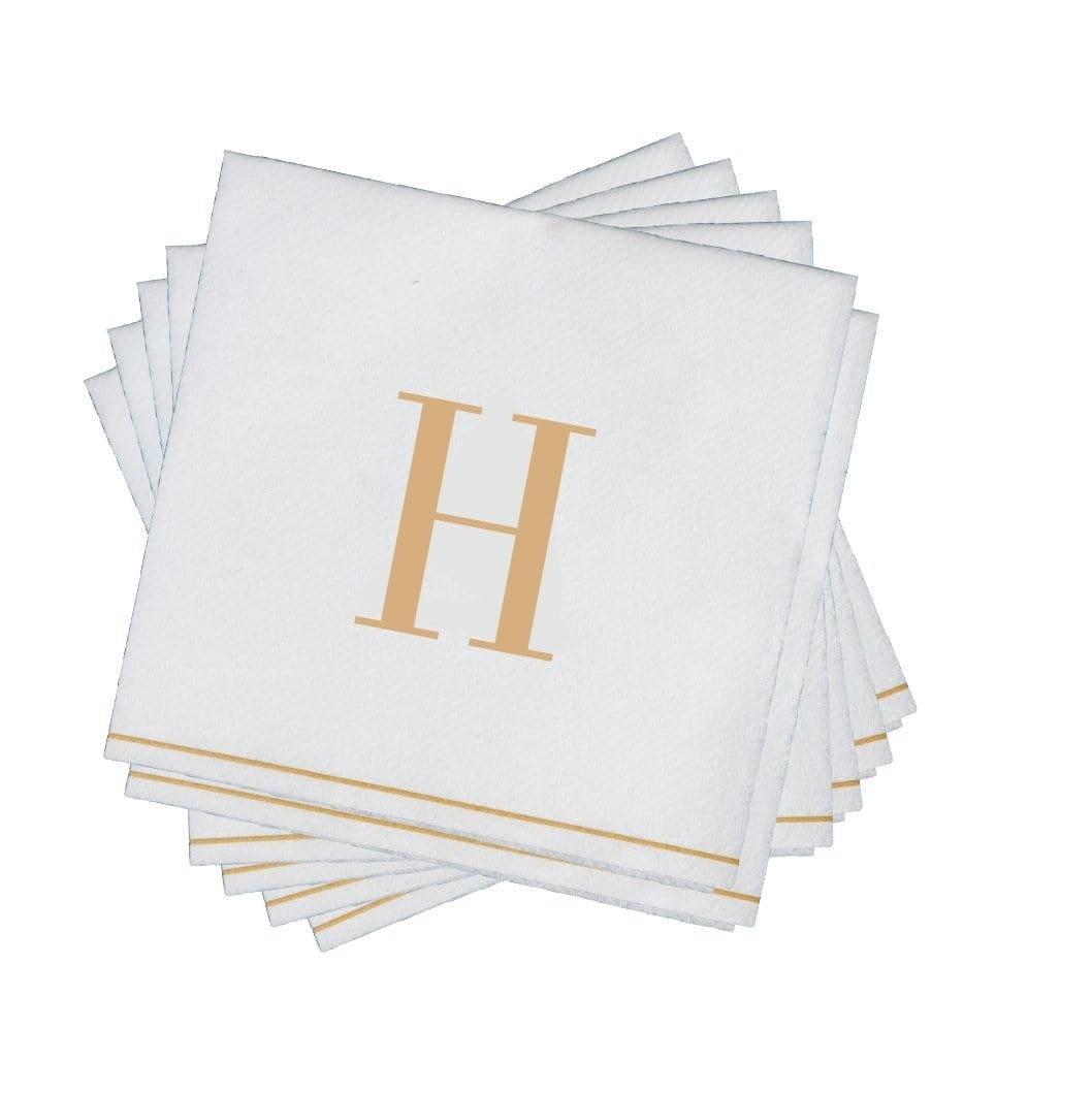 16 PK White and Gold Cocktail Paper Napkins  - Letter H