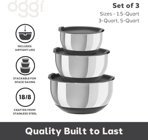 Oggi Stainless Steel 3-Piece Bowl Set with Lids, (7287.0)