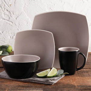 94854.16 Soho Lounge Matte 16 pc Dinnerware Set - Taupe/Black - Soft Square - Stoneware -