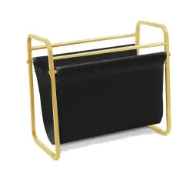 344458 Gold- Colored Metal and Leather Magazine Holder