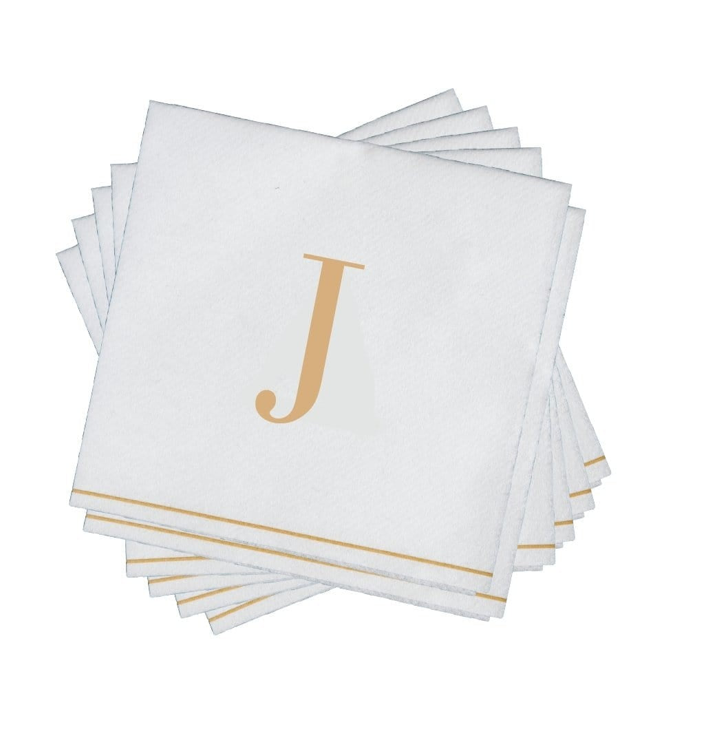 16 PK White and Gold Cocktail Paper Napkins  - Letter J