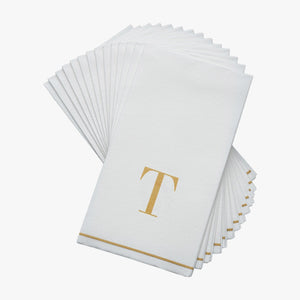 14 PK White and Gold Guest Paper Napkins  - Letter T