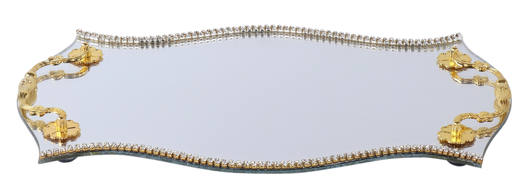 182298 Mirror Tray Circular Shape Gold Handles Crystals 15.5x9.5