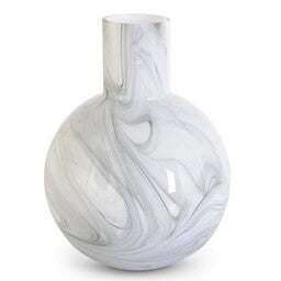 17597A- 3 11 Inch White & Smokey Black Swirl Long Neck Round Gla