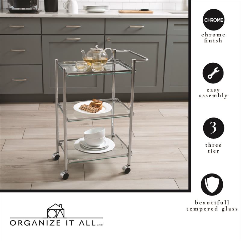 RECTANGULAR SERVING CART 3 tier Chome with Clear Glass Shelving