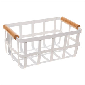 Metal Basket w Bamboo Handles - White Large