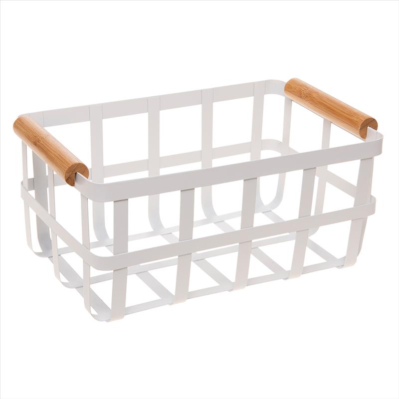 Metal Basket w Bamboo Handles - White Large