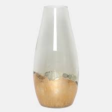 18267-05 GLASS, 15" GOLD DIPPED VASE, CLEAR