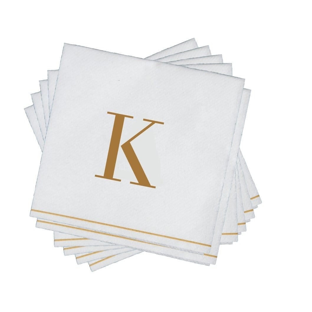 16 PK White and Gold Cocktail Paper Napkins  - Letter K