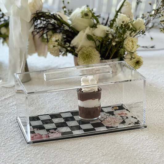 J-CTWL-CBLK Black Chic Checkered Lucite Cake Tray with Lid