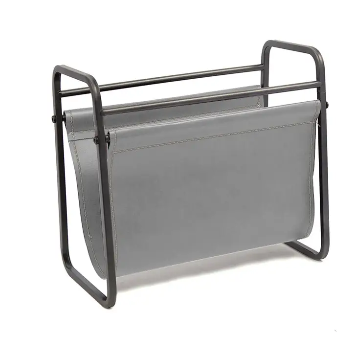 348066 Free Standing Grey Metal and Leather Magazine Holder