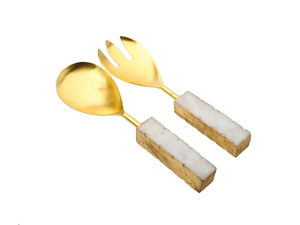 MCS043 Set of 2 Gold Salad Servers with Agate StoneHandle - 10" L