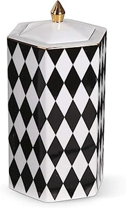 15022A-2 11 Inch Porcelain Black and White Harlequin Lidded Can