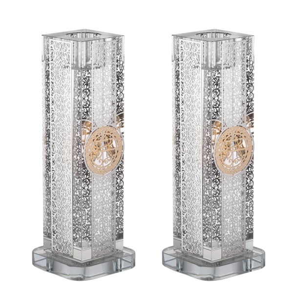 183055 Set of Crystal Candlesticks with 4 Sides Silver Plate 1.5