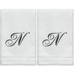 White Monogrammed Towel - Black Embroidered - Initial N