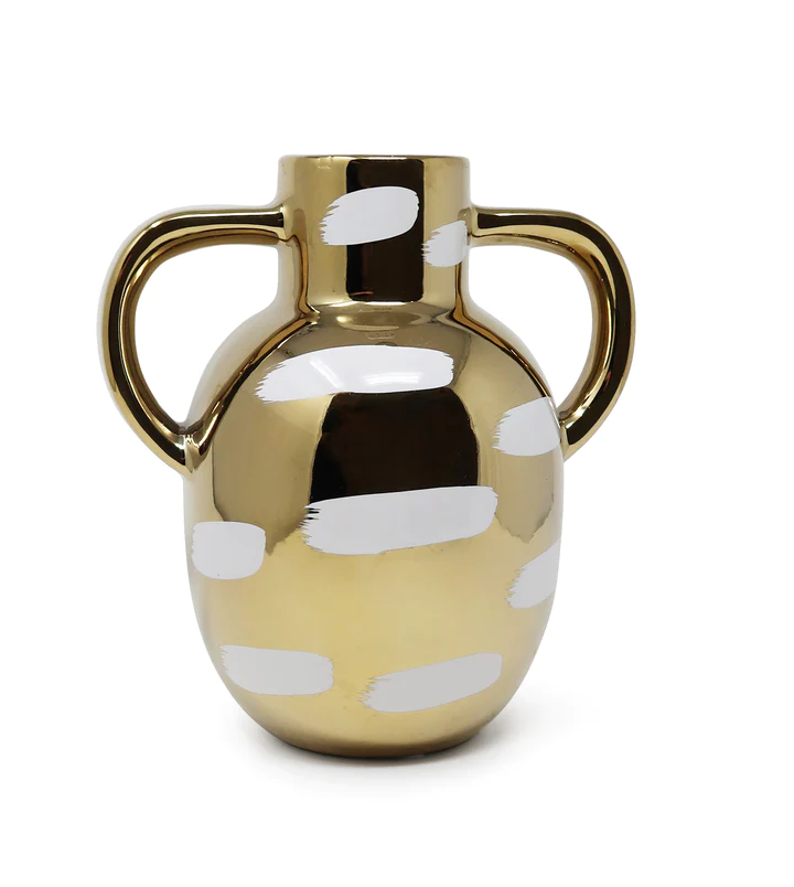 WGV3650 Gold Vase With White Brushstroke Design With Handles