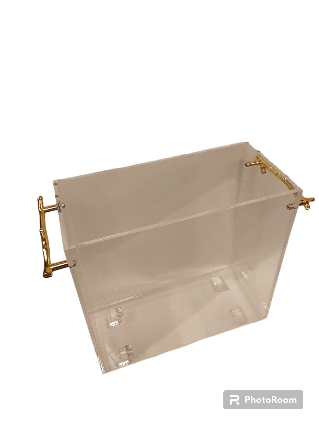 TD-LMHC-002 Lucite Magazine Holder Clear With Branch Gold Handle With Gold Feet