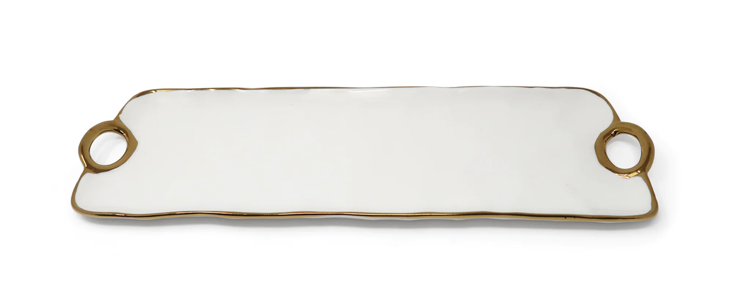 WPD3648 White Porcelain Oblong Tray with Gold Trim and Handles 15.25