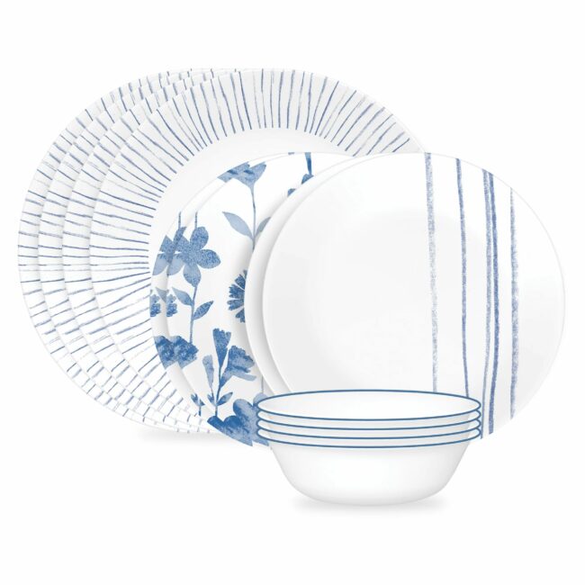 CORELLE MUGLESS RD. 12 pc SET BOTANICAL STRIPES