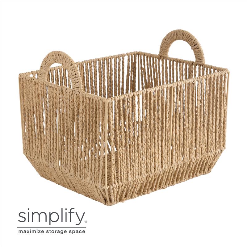 Paper Rope Vertical Weave Large Storage Basket W. Round Handles