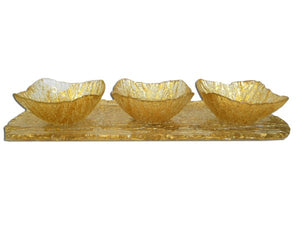 CR547 Beveled 3 Bowl Relish Dish-Gold-Tray 18.5"L, Bowls 4.75"D