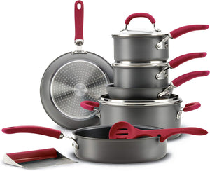 Rachael Ray Create Delicious Hard Anodized Nonstick Cookware Pots and Pans Set, 11 Piece, Red Handles
