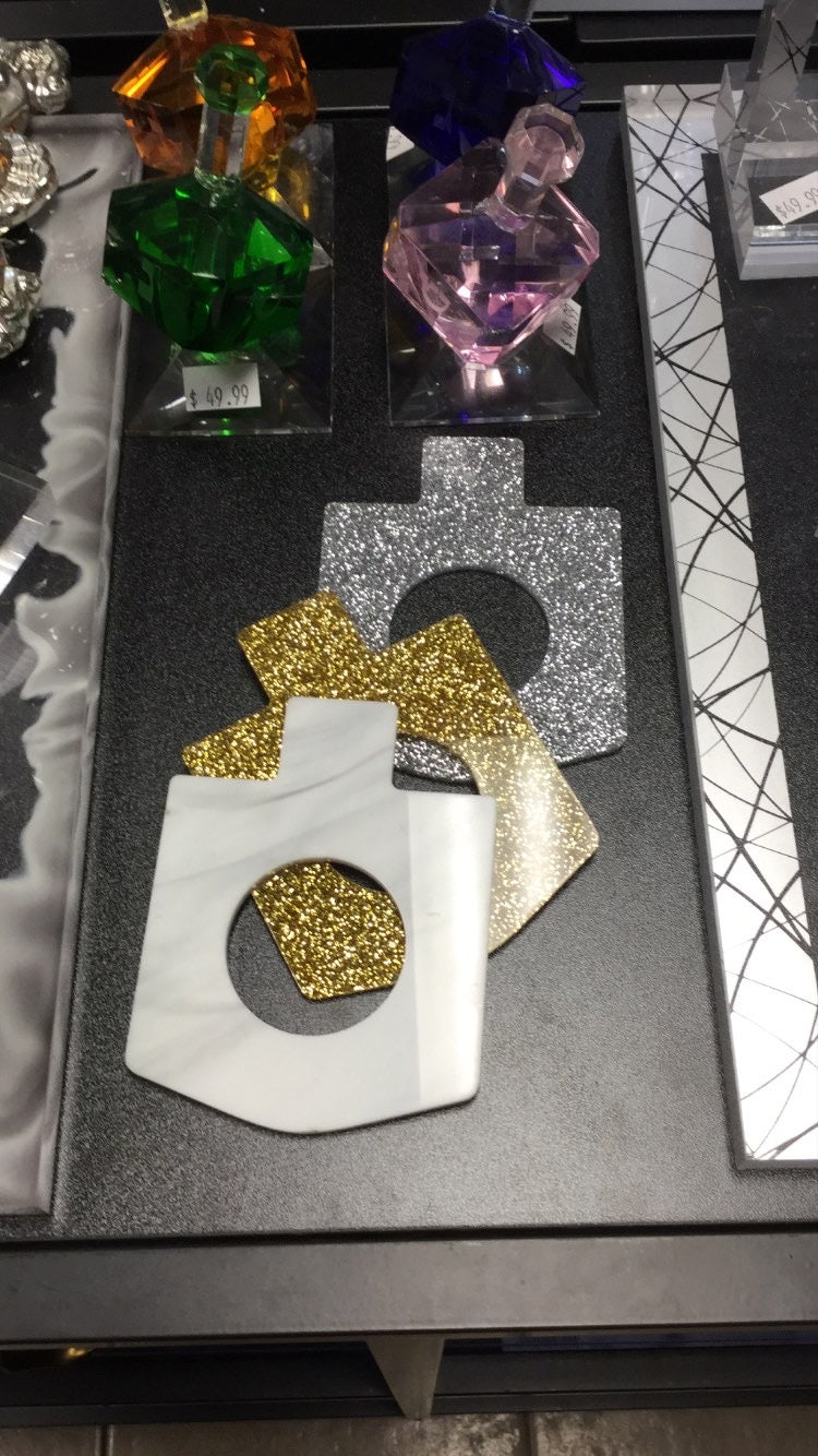 Dreidel Napkin Ring Silver Glitter 4 PK