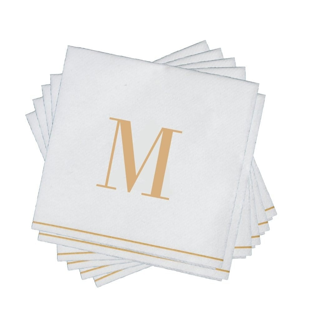 16 PK White and Gold Cocktail Paper Napkins  - Letter M