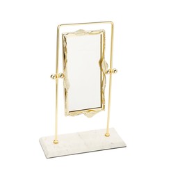 TM2387 Rectangular Table Mirror Gold Leaf Border White Marble Base 17"H 9"W