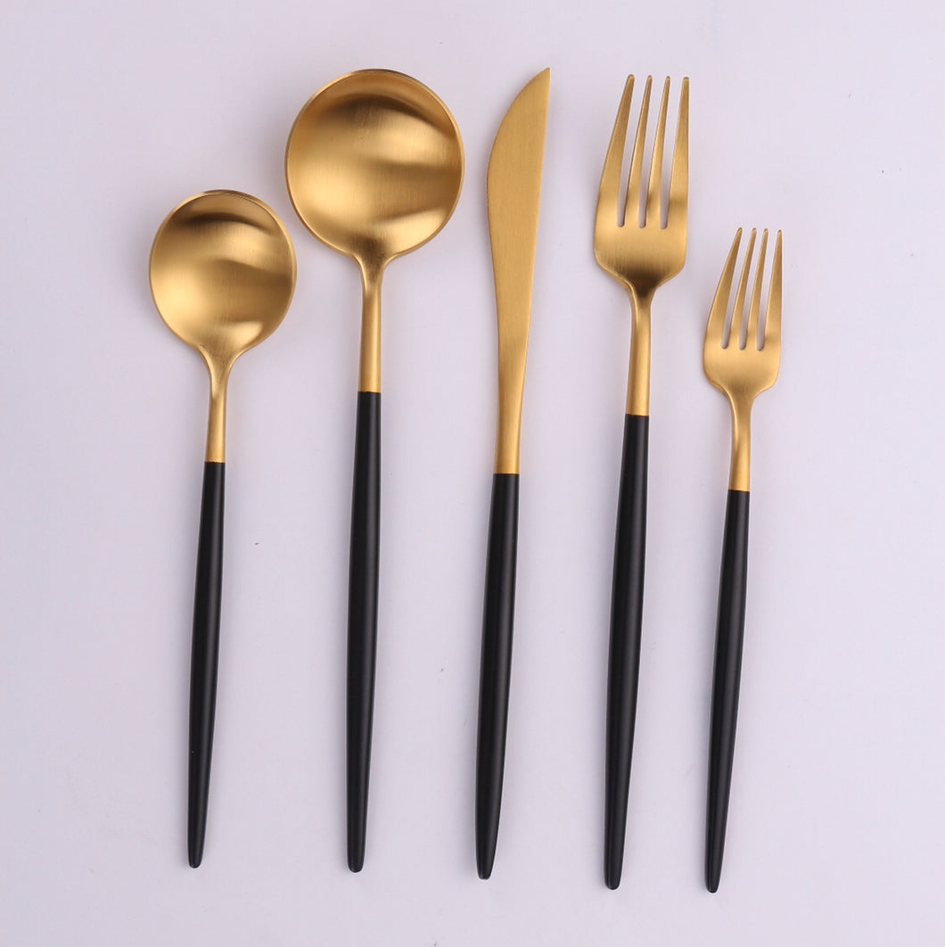 VF-10-VBG Vera, Two Tone Brushed Black And Gold Flatware Service For 4