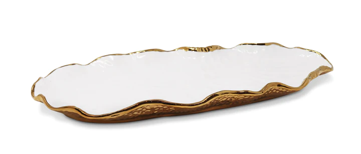 VT4484 White Hammered Oval Tray with Gold Scalloped Edge