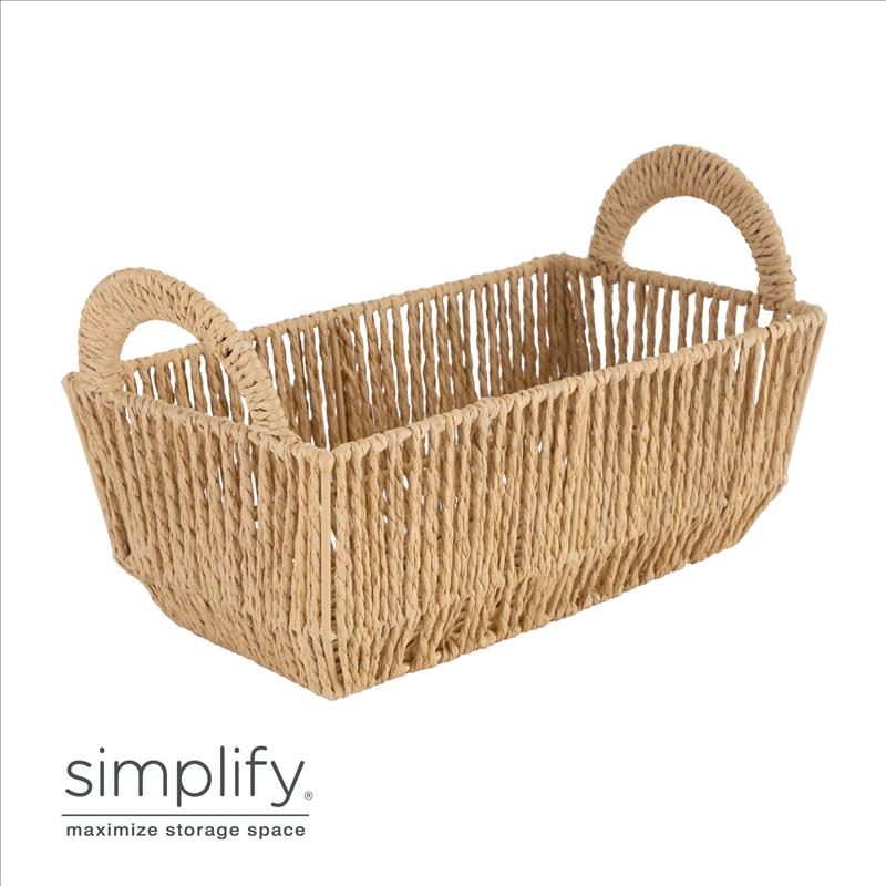 Paper Rope Vertical Weave Small Shelf Storage Basket W. Round Handles