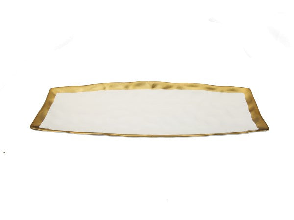 WPT540 White Porcelain Oblong Tray with Gold Rim - 15.5