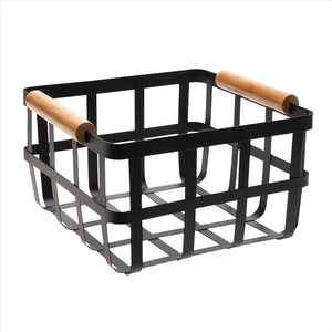 Square Metal Basket w Bamboo Handles - Black (Medium)