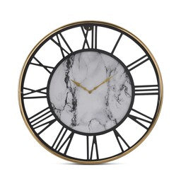 18320A 24 Inch Gold & Black Metal Framed Clock w/Marble Pattern Center