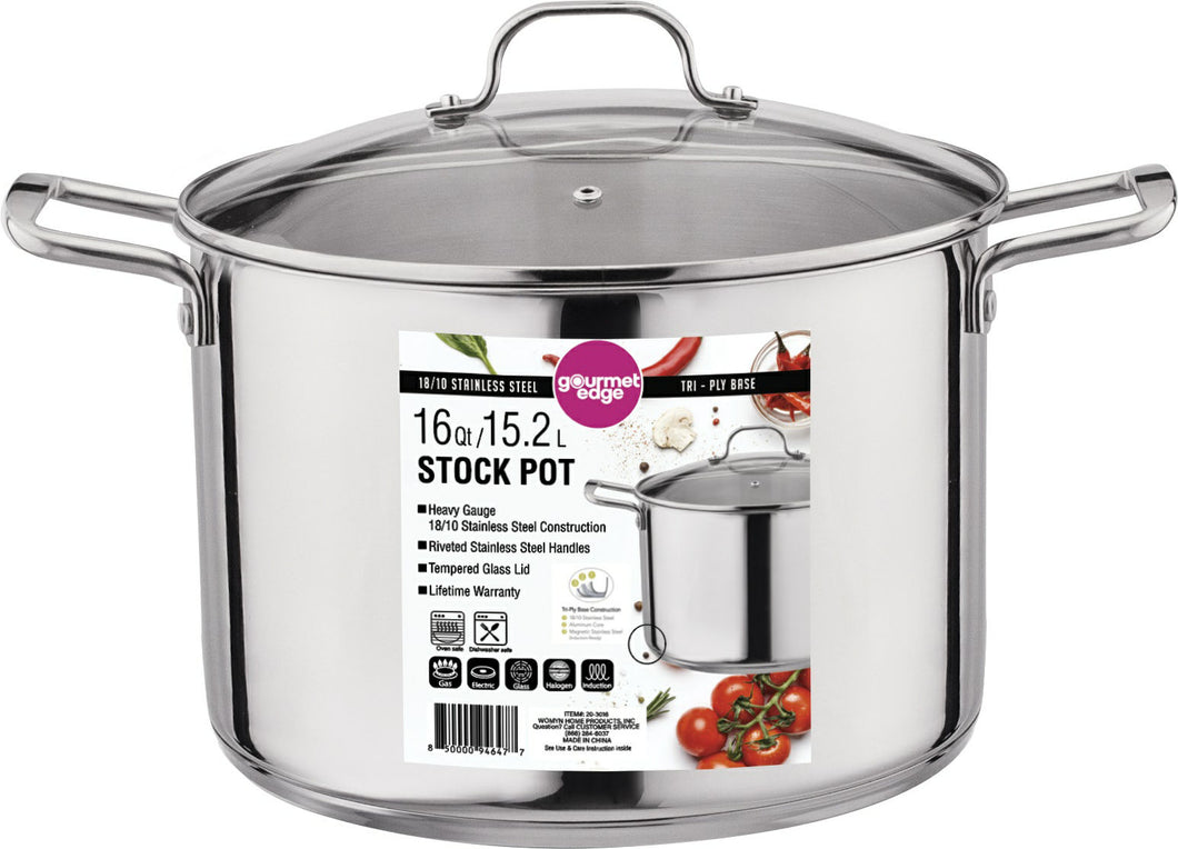 203016 16QT STOCK POT,GLS LID, S/S