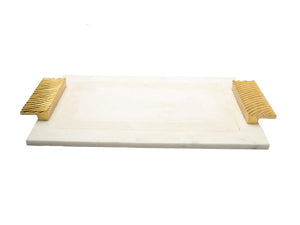 MCT041 White Marble Challah Tray with Embossed Gold Handles - 16" L x 11" W