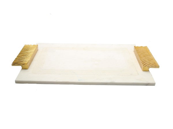 MCT041 White Marble Challah Tray with Embossed Gold Handles - 16