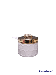 Small Honeycomb White & Gold Honey Jar