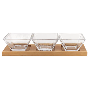 B25 Hostess Set - 4 pc With 3 Glass Condiment or Dip Bowls on a Wood Tray